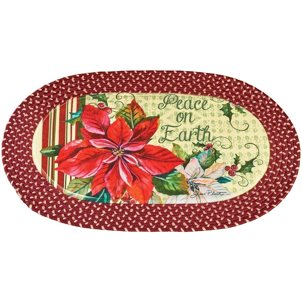 Oval Braided Kitchen Accent Rug (20"x30") CHRISTMAS POINSETTIA,PEACE ON EARTH,CE